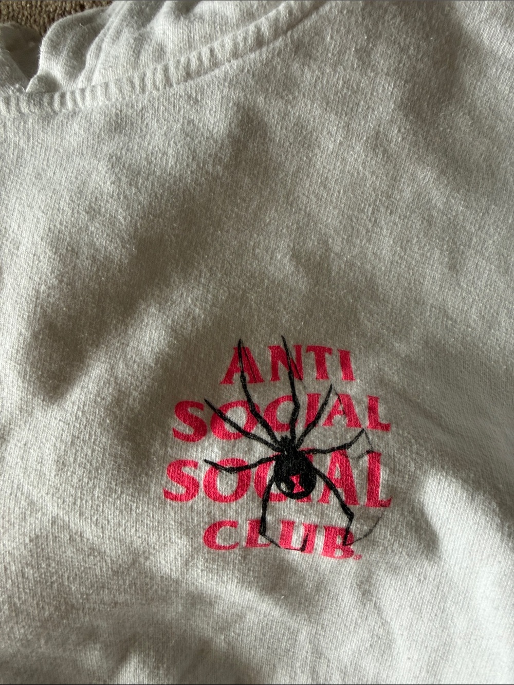 Anti Social Social Club Cream Crewneck with Pink Logo and Black Spider